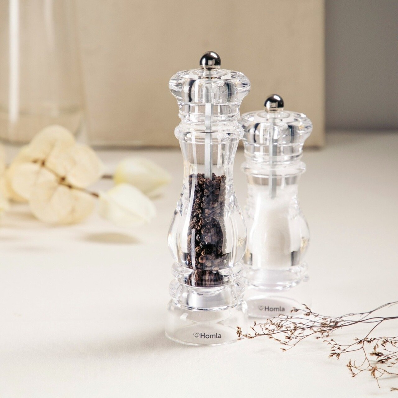 Set 2 rasnite pentru sare/piper Hallais, Homla, 6x16 cm / 6x20 cm, acril, transparent - imagine 6